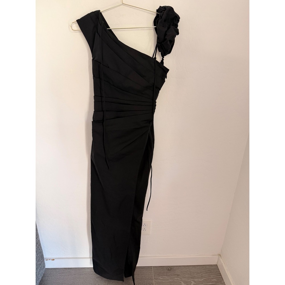 Shona Joy Lani Asymmetrical Draped Maxi Black Tie Dress Sz 2 Rosette Detail NWT